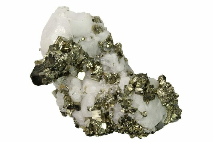Shiny, Cubic Pyrite Crystal Cluster with Calcite - Peru #167707